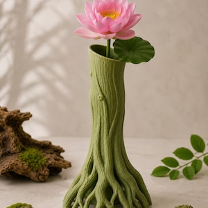 May include: A green vase shaped like a tree trunk, holding a pink lotus flower and a green leaf. The vase has a textured surface with root-like details at the base. The flower is in full bloom, with a yellow center.