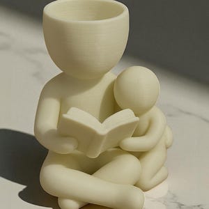 May include: A cream-colored figurine depicting a person reading a book to a smaller figure. The figures are stylized with smooth, rounded forms. The larger figure has a bowl-shaped head, suggesting a planter or container. The book is open, and the smaller figure is nestled close.