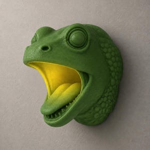Op de afbeelding: Een groene kikkerhoofdsculptuur met een open mond en gele binnenkant, gemonteerd op een lichtgrijze muur. De huid van de kikker heeft een textuur. De sculptuur is een decoratief item.