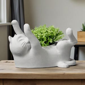 May include: A white ceramic cat-shaped planter, lying on its back with paws raised. The planter holds a vibrant green plant. The cat has a smiling expression and is placed on a wooden surface.