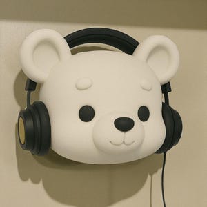 May include: A white bear-shaped wall mount with black headphones. The bear has black eyes and a black nose. The headphones have black earcups with gold accents and a black headband. A black wire hangs down from the headphones.