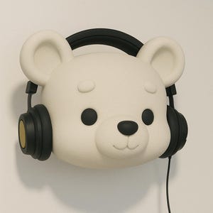 May include: A white bear-shaped wall decor with black headphones. The bear has black eyes and a black nose. The headphones have black earcups with gold accents and a black headband. The decor is mounted on a white wall.