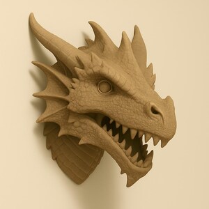 Puede incluir: Escultura mural de cabeza de drag&oacute;n de color marr&oacute;n claro. El drag&oacute;n tiene dientes afilados, una superficie texturizada y cuernos prominentes. La escultura est&aacute; montada en una pared clara, mostrando los intrincados detalles.