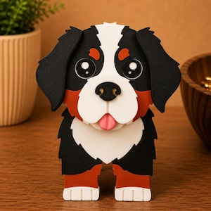 May include: A papercraft Bernese Mountain Dog figurine. The dog has a black, white, and brown coat, with large, expressive eyes and a pink tongue. The figurine is standing upright, showcasing its detailed design and craftsmanship.
