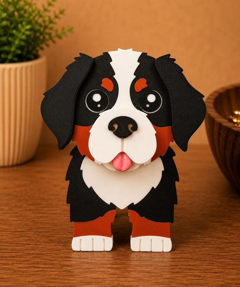 May include: A papercraft Bernese Mountain Dog figurine. The dog has a black, white, and brown coat, with large, expressive eyes and a pink tongue. The figurine is standing upright, showcasing its detailed design and craftsmanship.