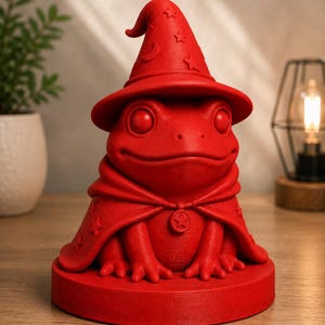 May include: A red frog figurine wearing a wizard hat and cape. The hat has star and crescent moon details. The frog is sitting on a round base. The cape is fastened with a star-shaped clasp. The figurine is a whimsical decorative item.