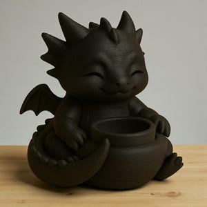 May include: A dark brown dragon figurine with a smiling face, wings, and a pot-like container. The dragon is sitting, with its tail curled around its body. The figurine is made of a textured material.