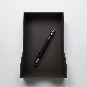 Pu&ograve; includere: Un vassoio da scrivania nero con una penna all'interno. Il vassoio &egrave; rettangolare con un fronte leggermente curvo e una finitura opaca. La penna &egrave; nera con dettagli argentati.