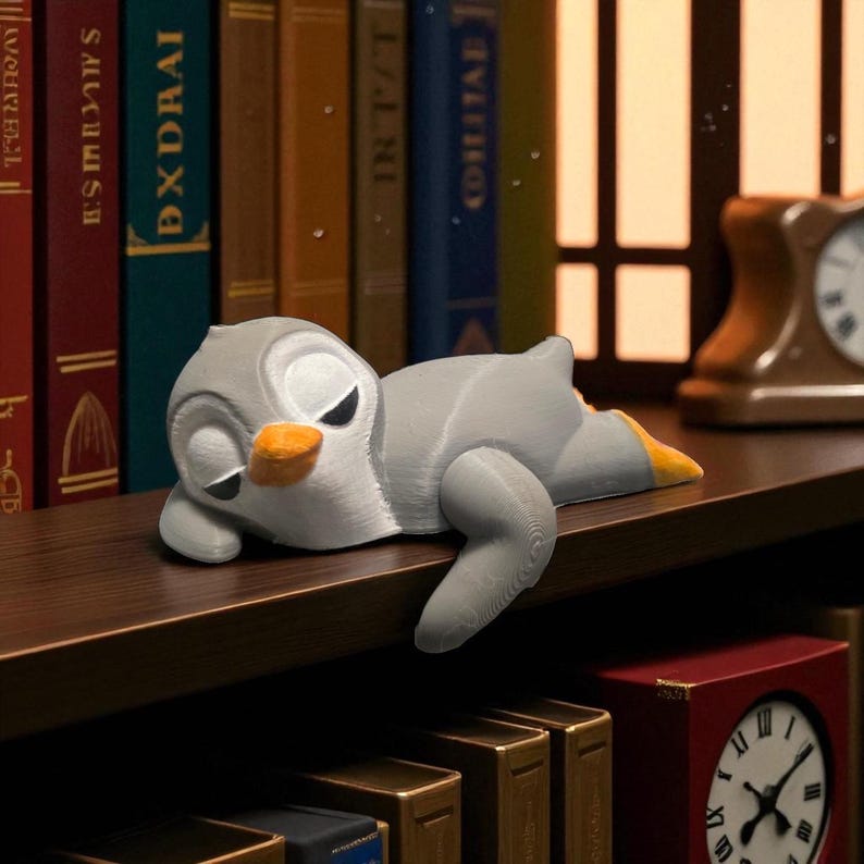 Pu&ograve; includere: Una statuetta di pinguino grigio con becco arancione e piedi gialli &egrave; appoggiata su una mensola di legno. Il pinguino &egrave; sdraiato con gli occhi chiusi. Lo sfondo presenta una collezione di libri e un orologio.