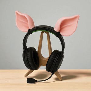 以下が含まれることがあります： マイク付きの黒いオーバーイヤーヘッドフォン。木製のスタンドに置かれています。ヘッドフォンにはピンクの豚の耳が飾られています。スタンドは明るい茶色の表面にあり、明るい灰色の背景があります。