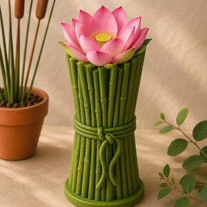May include: A decorative vase with a pink lotus flower. The vase is green and designed to look like a bundle of bamboo stalks tied together with a rope. The lotus flower has pink petals and a yellow center.