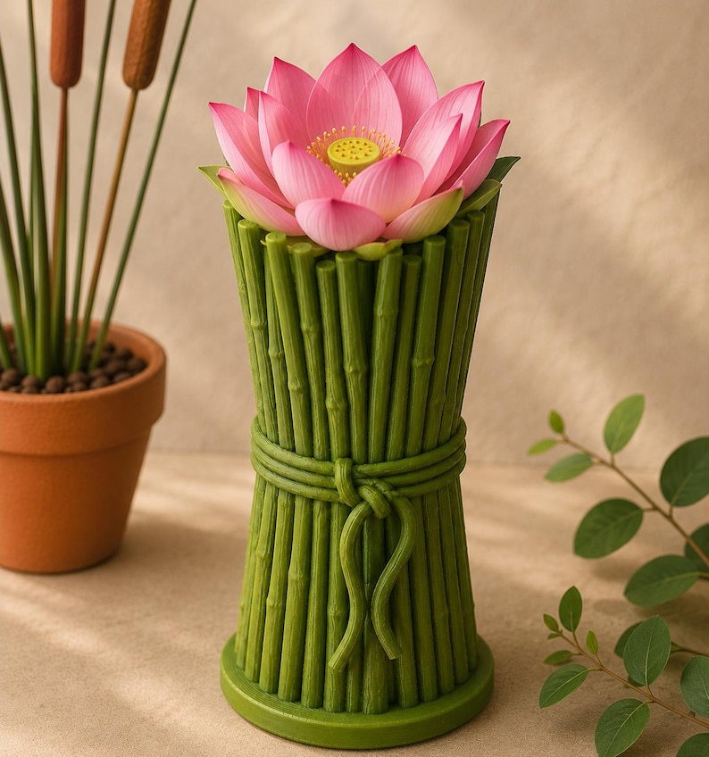 May include: A decorative vase with a pink lotus flower. The vase is green and designed to look like a bundle of bamboo stalks tied together with a rope. The lotus flower has pink petals and a yellow center.