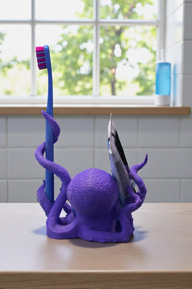 Puede incluir: Un soporte para cepillo de dientes con forma de pulpo morado con un cepillo de dientes azul y un tubo de pasta de dientes. El cepillo de dientes tiene un cabezal de cerdas rosa y morado. El soporte est&aacute; sobre una superficie de madera frente a una ventana.