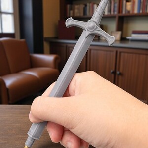 May include: A gray pen shaped like a medieval sword, held in a hand. The pen has a detailed hilt and a gold-colored tip. The background includes a wooden table, a bookshelf, and a leather armchair.