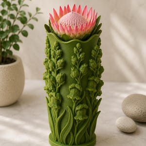 May include: A green vase with a detailed floral design, holding a large pink and red protea flower. The vase has a textured surface with sculpted lily of the valley and leaves. The flower is in full bloom, with a soft pink center and vibrant red-tipped petals.