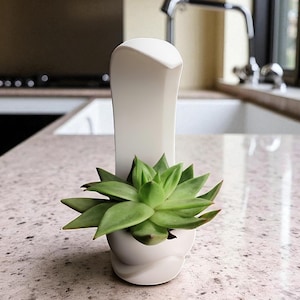 May include: A small, white ceramic planter with a green succulent plant. The planter has a unique, curved design and is set on a speckled countertop. A white, decorative element rises behind the plant.