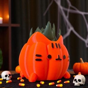 Pumpkin Cat Planter | Halloween Kitty Plant Pot | Spooky Cat Decor
