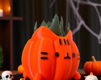 Jardinière chat citrouille | Pot de fleurs pour chaton d'Halloween | Décoration de chat effrayant