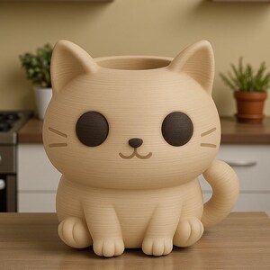 May include: A beige cat-shaped planter with dark brown eyes and a small, curved tail. The planter has a textured, wood-like appearance and is sitting on a wooden surface. The cat's face features whiskers and a smiling mouth. The planter is designed to hold plants.