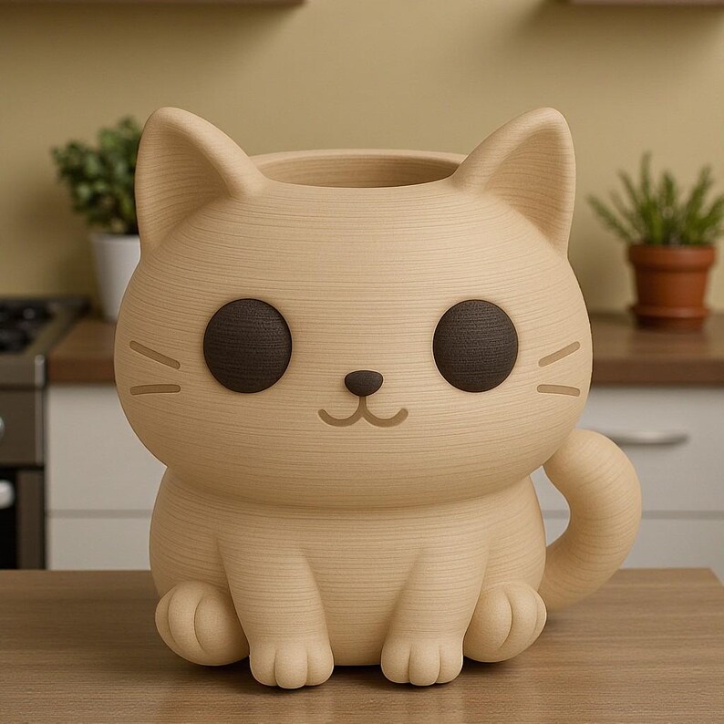 May include: A beige cat-shaped planter with dark brown eyes and a small, curved tail. The planter has a textured, wood-like appearance and is sitting on a wooden surface. The cat's face features whiskers and a smiling mouth. The planter is designed to hold plants.