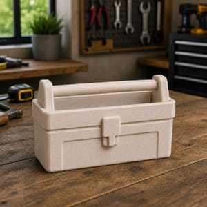 May include: A beige toolbox with a handle and a latch sits on a wooden surface. The toolbox has a rectangular shape with a textured surface. The background includes tools and a window.