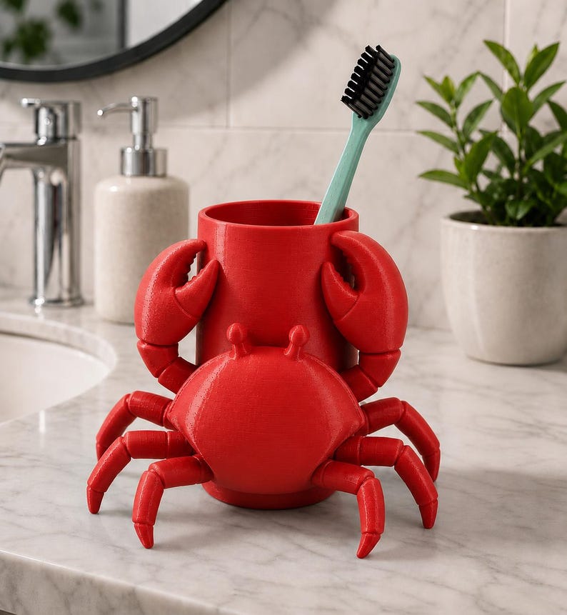 May include: A red crab-shaped toothbrush holder with a light blue toothbrush. The holder has a cylindrical cup with crab claws and a crab body. The holder is on a marble countertop in a bathroom setting.