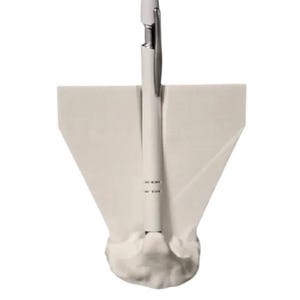 May include: A white pen with a silver clip is displayed in a white pen holder. The pen holder has a unique, abstract design with a wide base and angled sides, creating a modern aesthetic. The pen is centered in the holder.