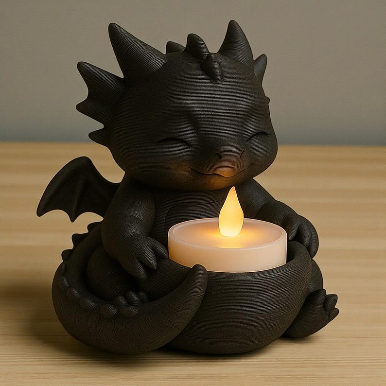 May include: A black dragon figurine holding a lit candle. The dragon has a smiling face, wings, and a curled tail. The candle is white with a yellow flame. The figurine is on a wooden surface.