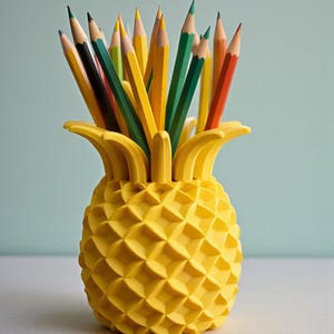 May include: A yellow pineapple-shaped pencil holder filled with various colored pencils. The pencils are yellow, green, red, and black. The holder has a textured surface and a decorative design.