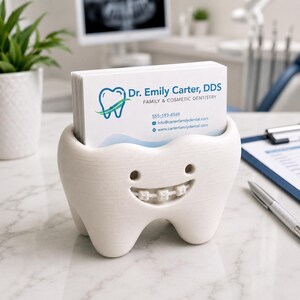 May include: A white, tooth-shaped business card holder with a smiling face and braces. The holder contains business cards for Dr. Emily Carter, DDS, Family & Cosmetic Dentistry. The cards have a blue and green tooth logo.