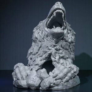 May include: A gray sculpture of a bear with its mouth wide open, revealing sharp teeth. The bear's fur is detailed, and it sits atop a base of stylized rocks. The sculpture is a detailed representation of a roaring bear.