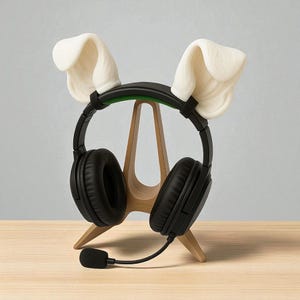 Może przedstawiać: Czarne słuchawki nauszne z mikrofonem, umieszczone na drewnianym stojaku. Słuchawki ozdobione są białymi, puszystymi uszami królika. Stojak wykonany jest z jasnego drewna, a tło jest neutralnie szare.