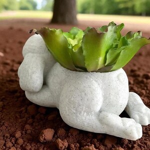 May include: A white, speckled ceramic planter shaped like a reclining figure, holding a green succulent. The planter is on a bed of brown soil, with a tree and green foliage in the background. The succulent has green and red-tinged leaves.