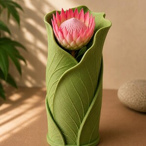 May include: A green vase shaped like overlapping leaves, holding a pink protea flower. The vase has a textured surface and a cylindrical shape. The flower has a spiky, layered appearance with a light pink hue.