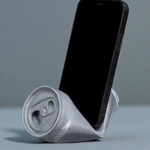 May include: A silver-colored phone stand shaped like a crushed soda can. A black smartphone is placed in the stand, with the screen facing forward. The stand is on a gray surface.