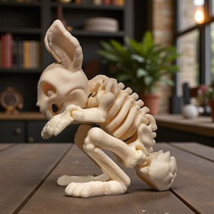 Puede incluir: Una figura de esqueleto de conejo de color crema, en posici&oacute;n agachada. La escultura presenta una estructura &oacute;sea detallada, incluyendo el cr&aacute;neo, la columna vertebral y las extremidades. Las orejas del conejo est&aacute;n erguidas y la cola tiene forma redondeada y esponjosa. La figura se exhibe sobre una superficie de madera.