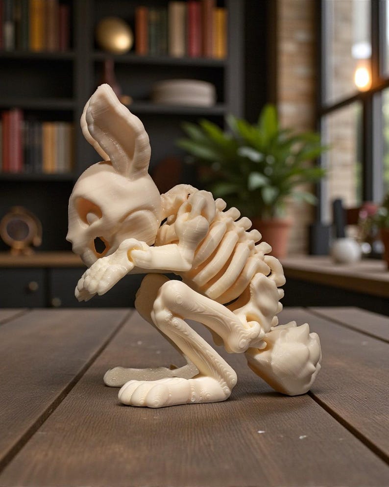 Puede incluir: Una figura de esqueleto de conejo de color crema, en posici&oacute;n agachada. La escultura presenta una estructura &oacute;sea detallada, incluyendo el cr&aacute;neo, la columna vertebral y las extremidades. Las orejas del conejo est&aacute;n erguidas y la cola tiene forma redondeada y esponjosa. La figura se exhibe sobre una superficie de madera.
