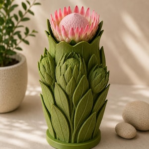 Puede incluir: Un jarr&oacute;n verde con un dise&ntilde;o de flor de protea. El jarr&oacute;n es de un verde vibrante, con patrones detallados de hojas y capullos. La flor de protea en la parte superior tiene p&eacute;talos rosas y blancos. El jarr&oacute;n mide aproximadamente 20 cm de alto.