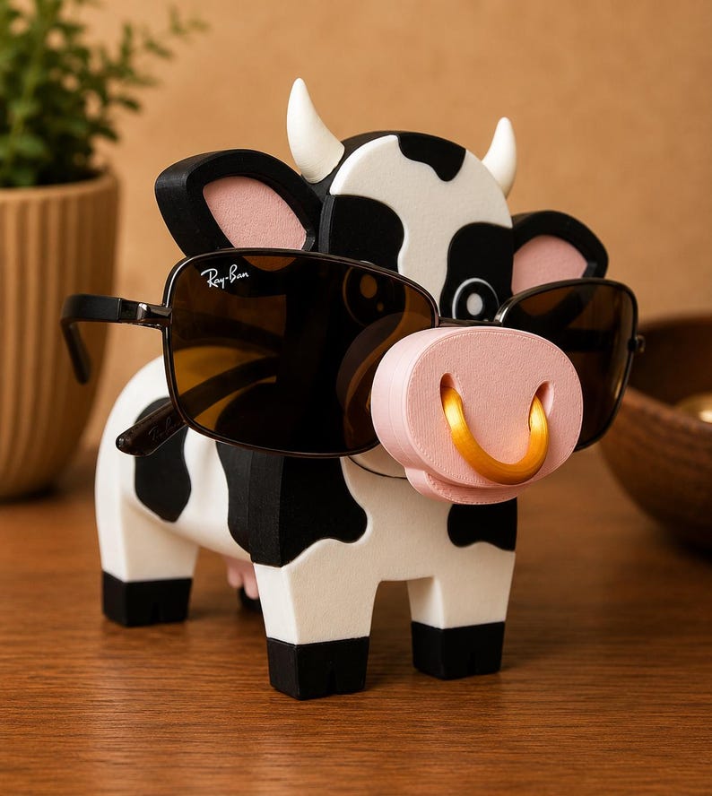 May include: A whimsical cow-shaped eyeglass holder. The holder is painted in black and white with a pink nose and gold ring. The cow is wearing a pair of Ray-Ban sunglasses. The holder is made of wood and is a decorative item.