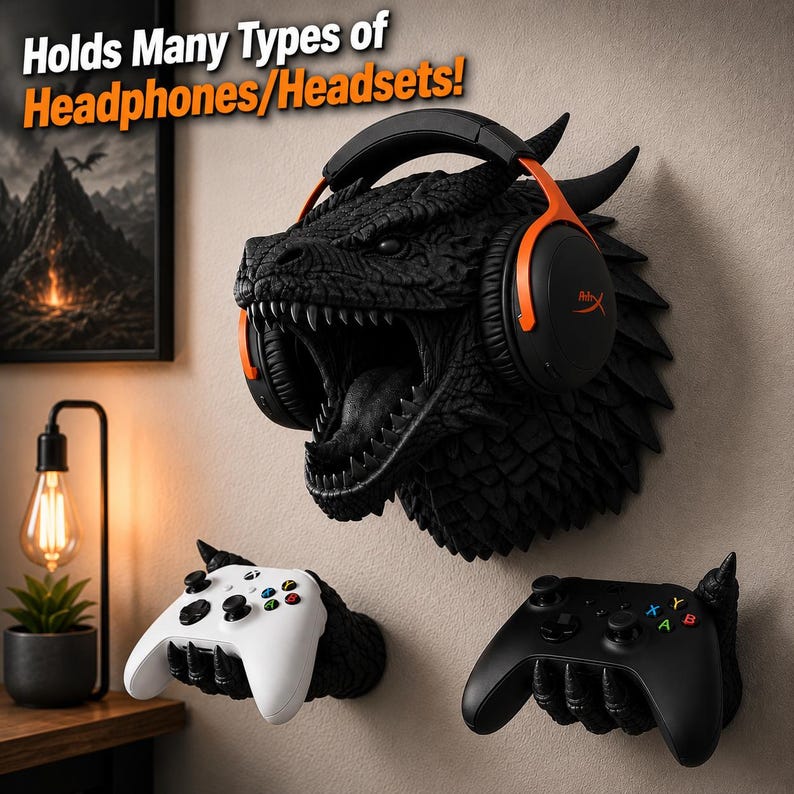 Ember Dragon Gaming Wall Mount | Dragon Headphone & Controller Holder ...