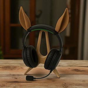 Puede incluir: Un soporte de auriculares de madera con un dise&ntilde;o &uacute;nico que presenta dos elementos verticales en forma de oreja. El soporte sostiene unos auriculares negros con micr&oacute;fono. El soporte es de madera clara y est&aacute; sobre una superficie de madera.