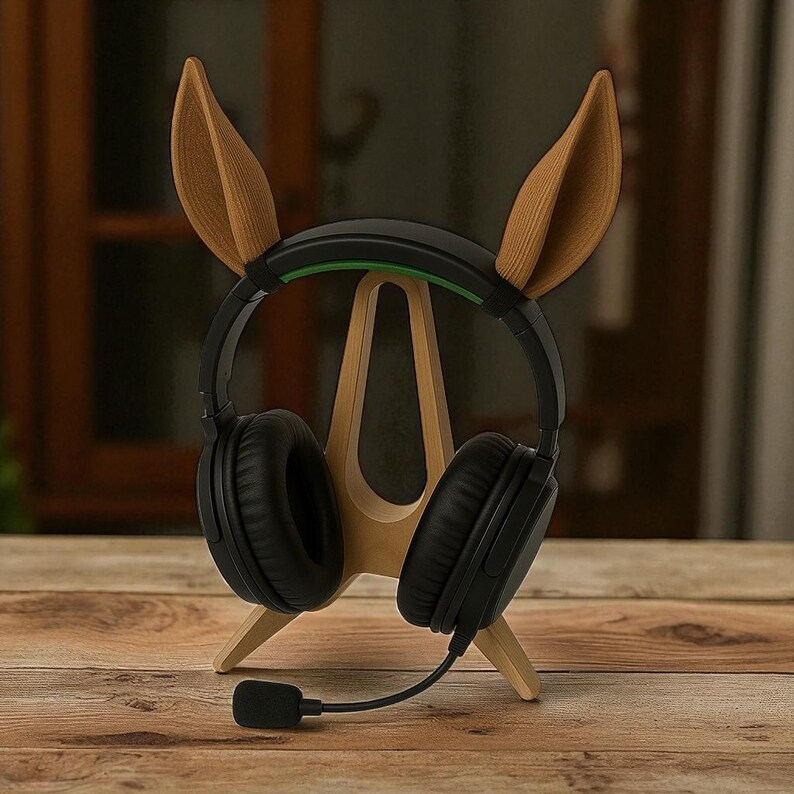 Puede incluir: Un soporte de auriculares de madera con un dise&ntilde;o &uacute;nico que presenta dos elementos verticales en forma de oreja. El soporte sostiene unos auriculares negros con micr&oacute;fono. El soporte es de madera clara y est&aacute; sobre una superficie de madera.