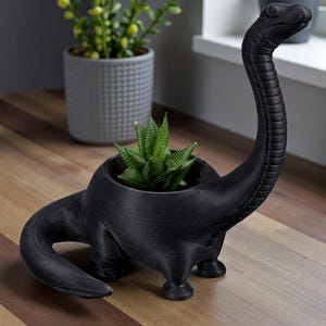 May include: Black dinosaur-shaped plant pot holding a green succulent. The pot has a long neck and a textured surface. Other potted plants are visible in the background, set on a wooden surface.