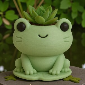 Puede incluir: Una maceta en forma de rana verde claro con una cara sonriente y ojos negros, que contiene una planta suculenta verde. La maceta se asienta sobre una base en forma de hoja. El dise&ntilde;o es caprichoso y decorativo.