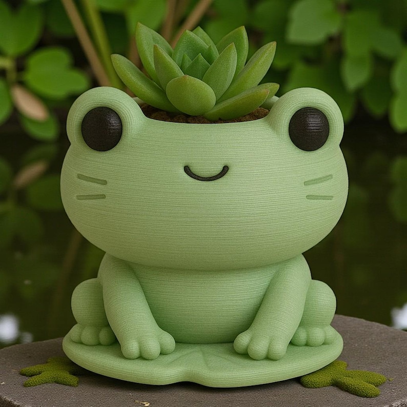 Puede incluir: Una maceta en forma de rana verde claro con una cara sonriente y ojos negros, que contiene una planta suculenta verde. La maceta se asienta sobre una base en forma de hoja. El dise&ntilde;o es caprichoso y decorativo.