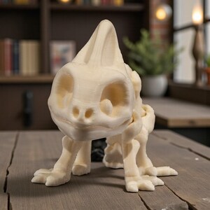 Op de afbeelding: Een cr&egrave;mekleurig, 3D-geprint dinosaurus skeletbeeldje. Het gedetailleerde model heeft een grote kop met oogkassen en een prominente kam, samen met gelede poten en voeten. Het beeldje staat op een houten oppervlak.