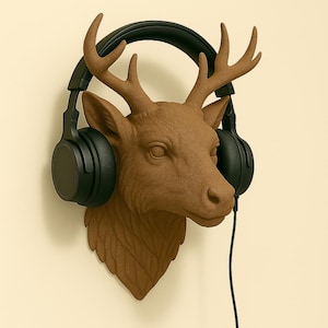 Puede incluir: Un soporte de pared con cabeza de ciervo marrón con auriculares negros. La cabeza de ciervo tiene cuernos detallados y una superficie texturizada. Los auriculares cuelgan de la cabeza de ciervo, con un cable negro.