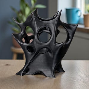May include: A black, abstract sculpture with a complex, spiky design. The art piece has multiple openings and a textured surface. It is displayed on a light-colored wooden table, with a blurred background.