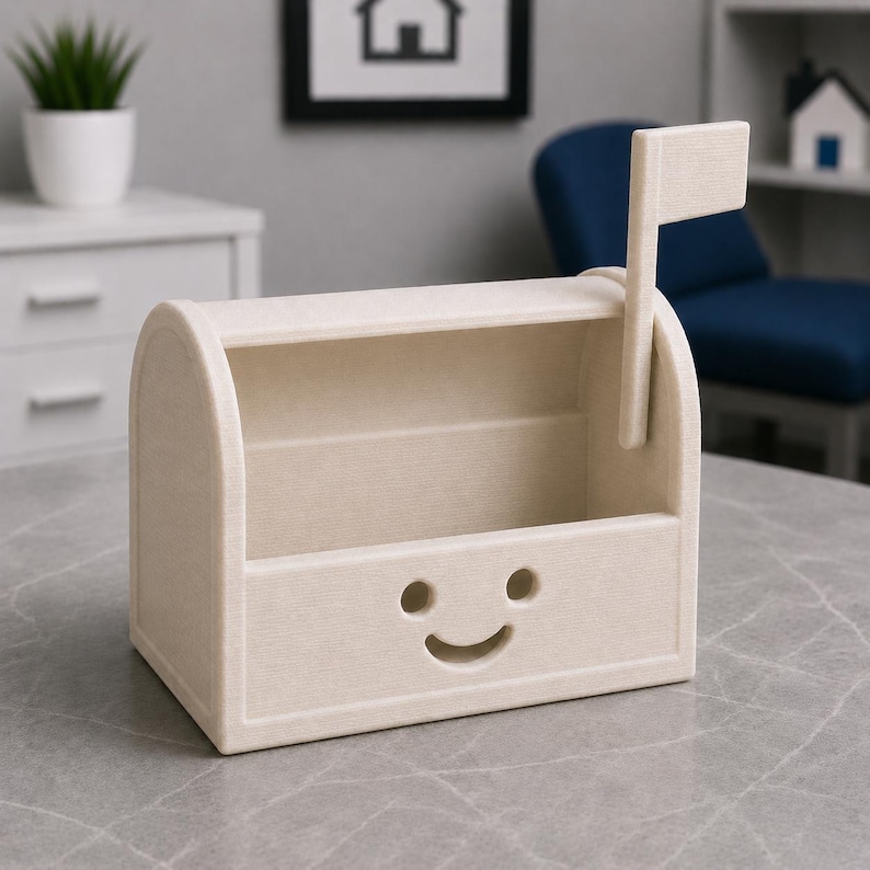 May include: A beige mailbox-style desk tidy with a smiling face design. It features a flag and is made from a textured material. The interior is open for storage of stationery or small items.