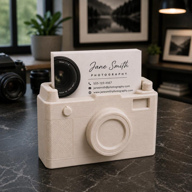 May include: A beige camera-shaped business card holder with a stack of white cards. The cards display the name "Jane Smith Photography", contact information, and a lens graphic. The holder has a textured surface and a lens-shaped front.